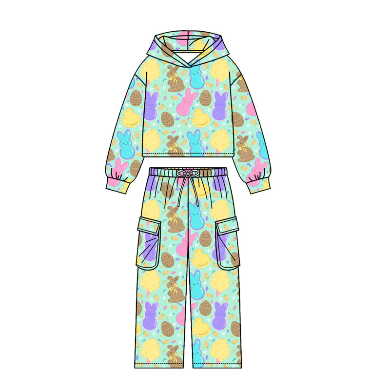 Preorder (moq5) Kids Easter Bunny Egg Print Hoodie Pockets Joggers Team Clothes Set