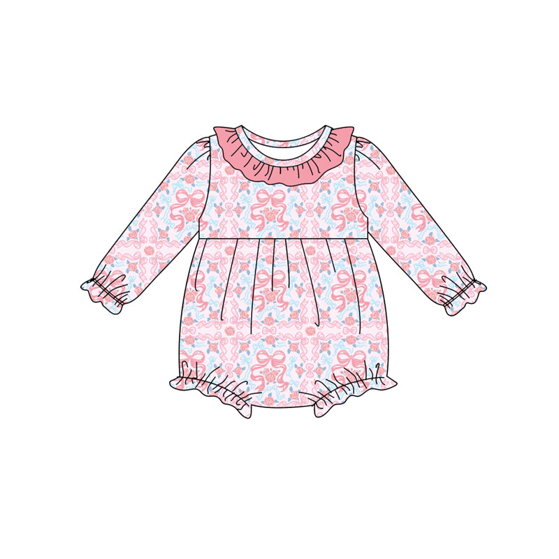 Preorder(moq 5)Baby Infant Girls Pink Bows Floral Ruffle Rompers