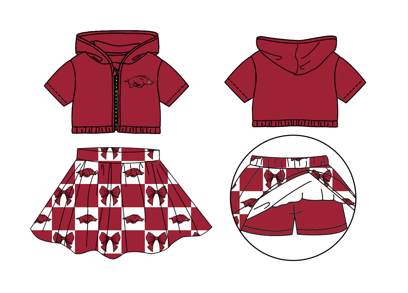 Preorder (moq 5)Baby Girls Red Bulls Bows Zip Hoodie Jackets Skirt Short Team Clothes Sets