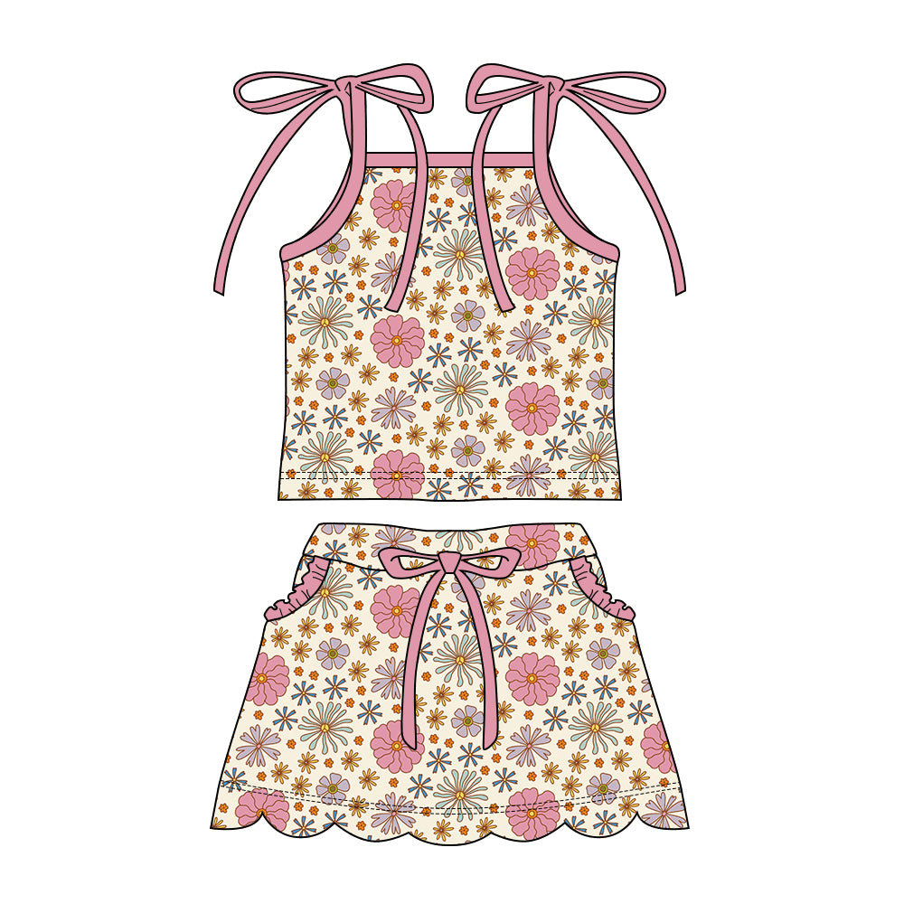 Preorder moq 5 Baby Girls Strap Colorful Daisy Top Pockets Scallop Skirt Short Clothes Sets