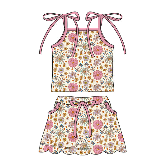 Preorder moq 5 Baby Girls Strap Colorful Daisy Top Pockets Scallop Skirt Short Clothes Sets