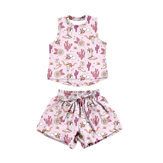 Preorder (moq 5)Baby Girls Bull Skulls Boots Top Shorts Western Clothes Set