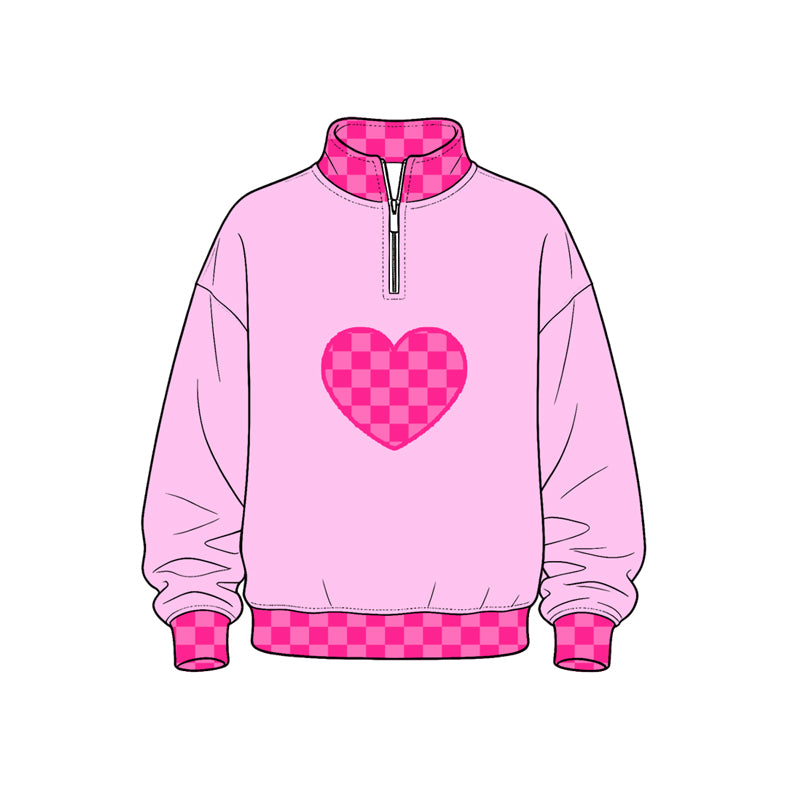 Preorder (moq 5) Kids’ Valentine’s Day Magenta Heart Print Long-Sleeve Half-Zip Bow Sweatshirt