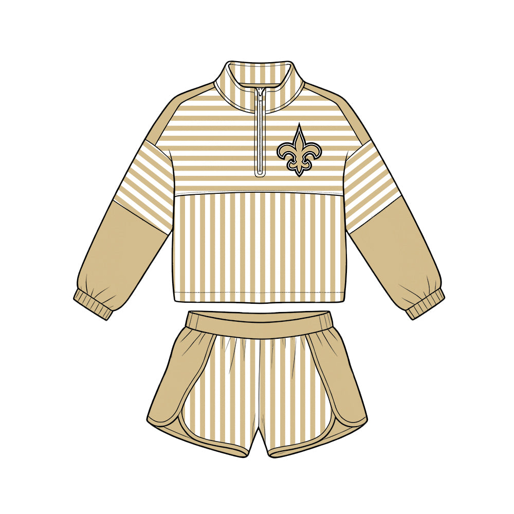 Preorder (moq 5)Baby Girls Orange Stripe Saints Zip Pullovers Short Team Clothes Set