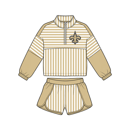 Preorder (moq 5)Baby Girls Orange Stripe Saints Zip Pullovers Short Team Clothes Set