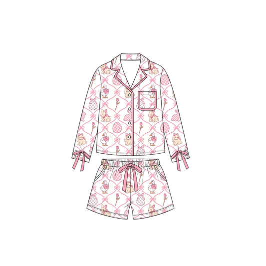 Preorder moq5 Womens' Light Blue Bow Collared Long-Sleeve Pajama Top & Matching Elastic-Waist Shorts Set
