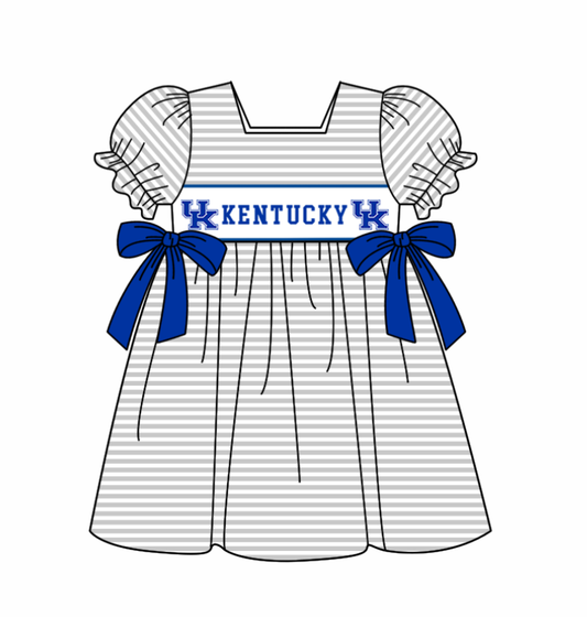 Preorder (moq 5)Baby Girls Kentucky UK Bows Stripe Team Knee Length Dresses