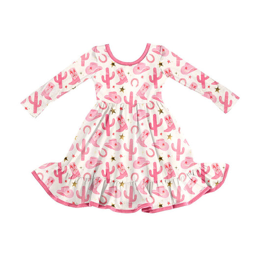 Preorder(moq 8)Baby Girls Pink Hats Boots Cactus Western Ruffle Knee Length Dresses
