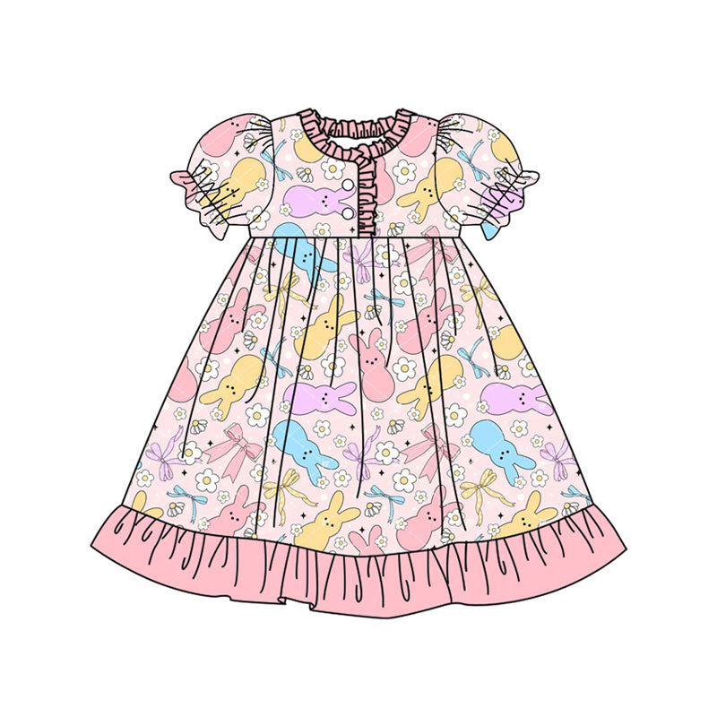 Preorder (moq 5)Baby Girls Colorful Flowers Rabbits Button Ruffle Easter Knee Length Dress