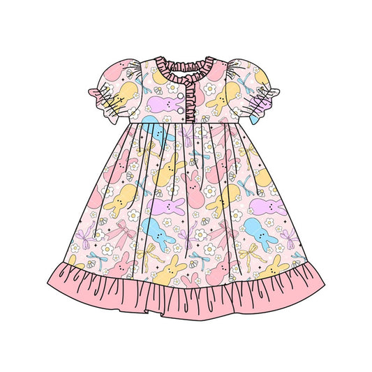 Preorder (moq 5)Baby Girls Colorful Flowers Rabbits Button Ruffle Easter Knee Length Dress