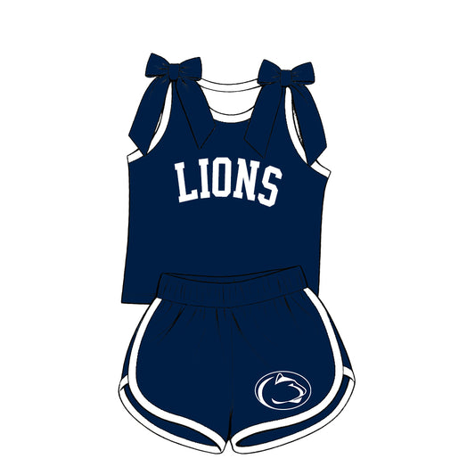 Preorder (moq 5) Baby Girls Navy Bows Lions Vest Short Team Clothes Set