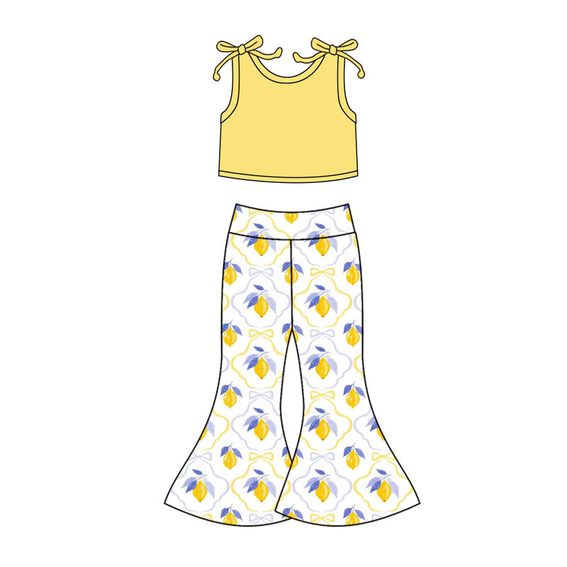 Preorder(moq 5) Baby Girls Yellow Sleeveless Top Lemon Checked Bell Bottom Pants Clothes Sets