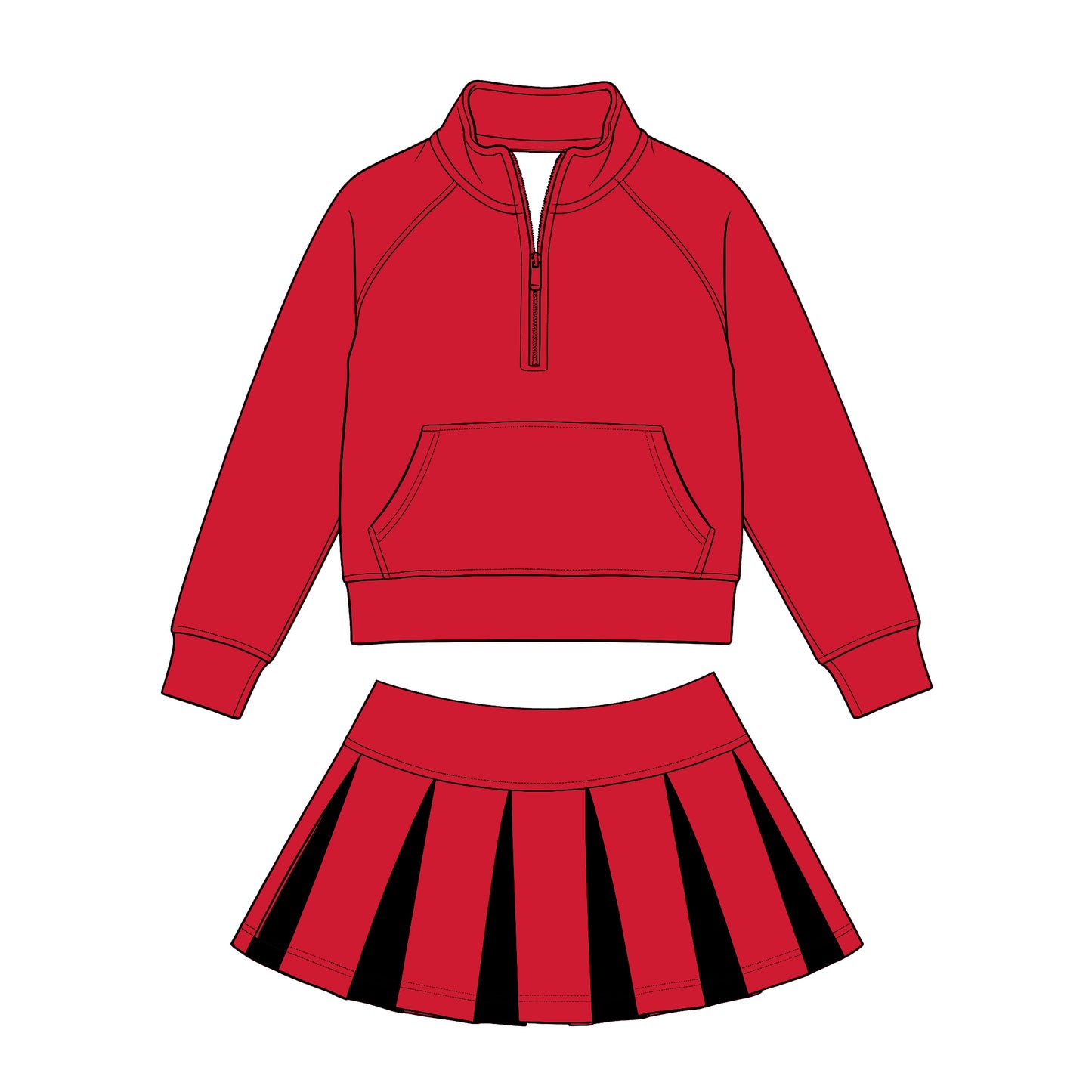 Preorder (moq 5) Baby Girls Red Zip Pockets Pullovers Black Pleated Skirt Short Clothes Sets