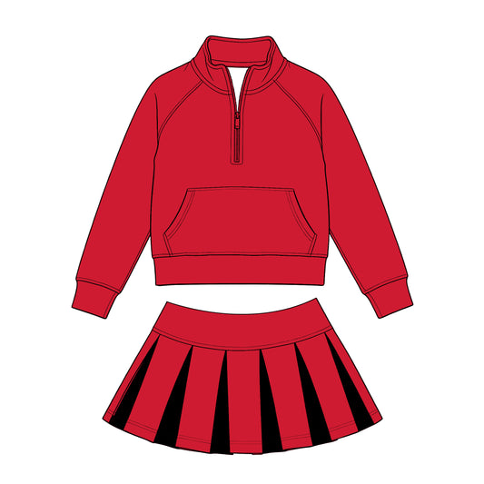 Preorder (moq 5) Baby Girls Red Zip Pockets Pullovers Black Pleated Skirt Short Clothes Sets