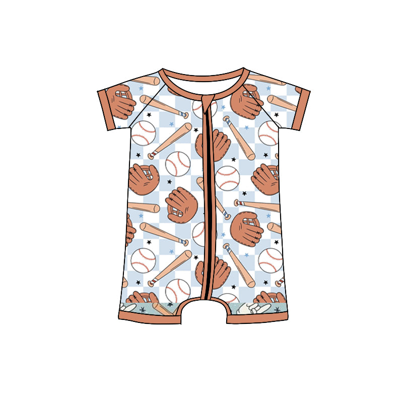 Preorder (moq 5) Baby Boy Clothes Blue Checker Baseball Glove Bat Mixed Print Short Sleeve Zipper Baby Romper