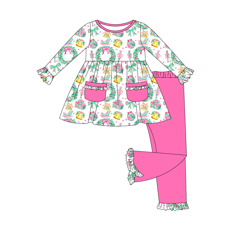 Preorder (moq 5)Baby Girls Long Sleeves Holly Soldiers Pockets Tunic Flare Pant Clothes Set