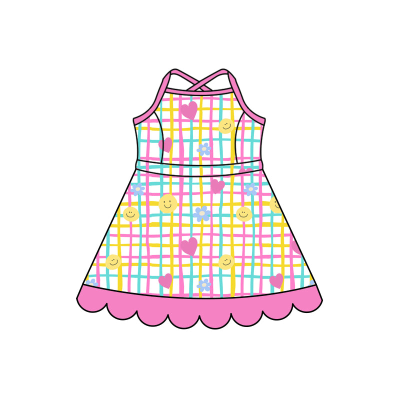 Preorder (moq 5)Baby Girls Strap Colorful Checked Hearts Scallop Knee Length Dresses