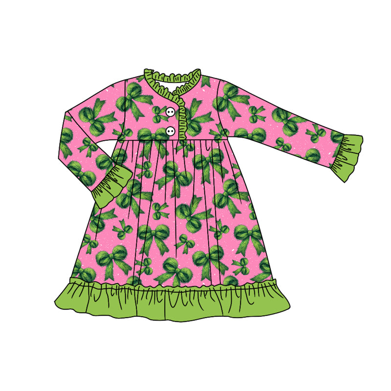 Preorder(moq 5) Baby Girls Long Ruffle Sleeves Green Bows Plaid Button Knee Length Dresses