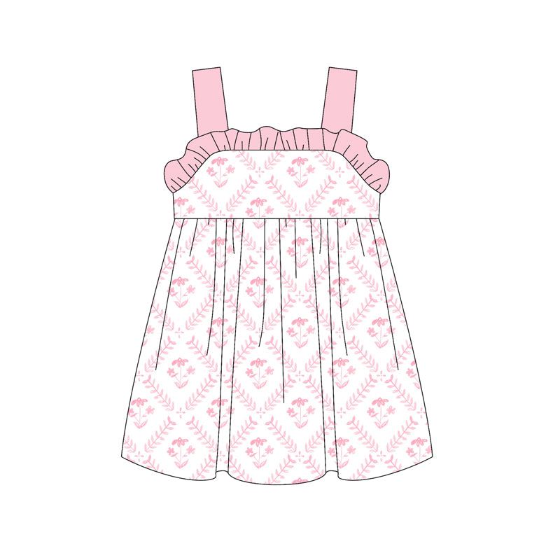 Preorder (moq 5)Baby Girls Hot Pink Strap Watercolor Floral Knee Length Dress