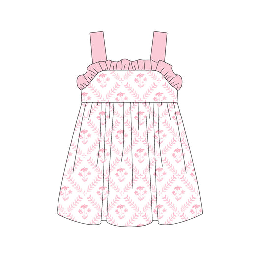 Preorder (moq 5)Baby Girls Hot Pink Strap Watercolor Floral Knee Length Dress