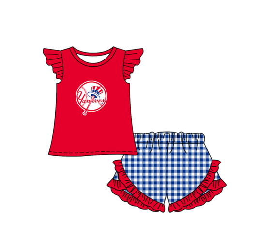 Preorder (moq 5)Baby Girls New York Yankees Top Checked Ruffle Short Team Clothes Set
