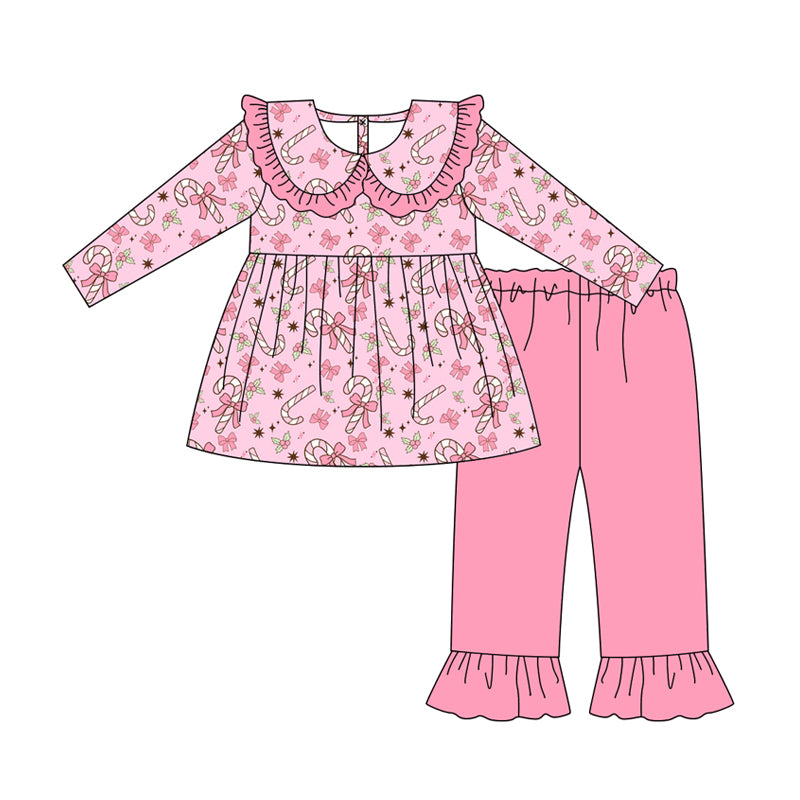 Preorder (moq 5)Baby Girls Long Sleeves Pink Bows Candy Cane Tunic Ruffle Pant Clothes Set