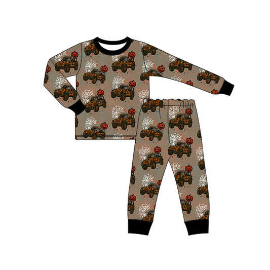 Preorder (moq 5)Baby Boys Brown Long Sleeves Truck Ghost Pumpkins Top Pants Pajamas Set