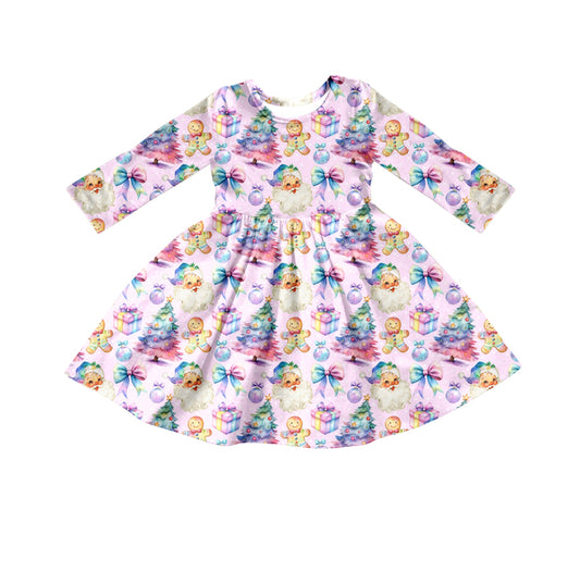 Preorder (moq 5)Baby Girls Lavender Long Sleeves Floral Trees Santa Knee Length Dresses