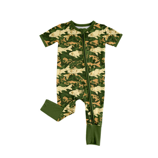Preorder (moq 5)Baby Boys Dark Green Short Sleeves Fishes Zipper Rompers