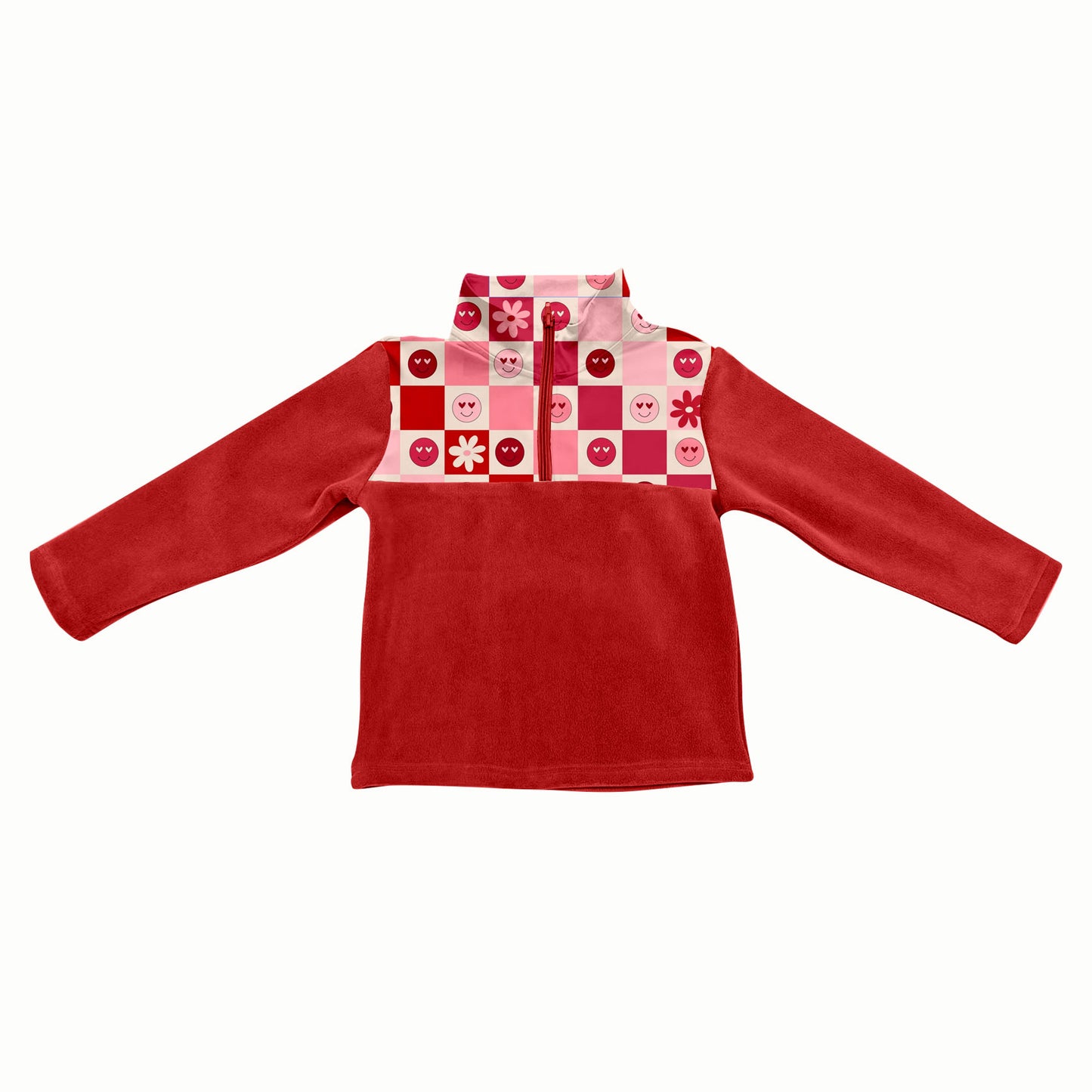 Preorder(moq 5) Baby Girls Flower Smiles Checked Half Zipper Valentines Pullovers Sweater Tops