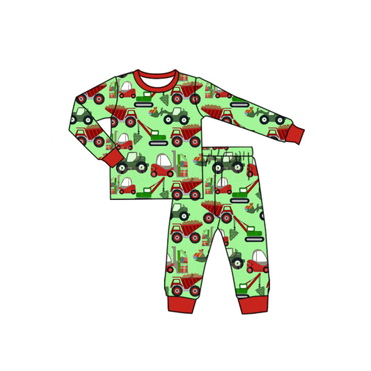 Preorder (moq 5)Baby Boys Long Sleeves Excavators Plaid Top Pant Pajamas Set