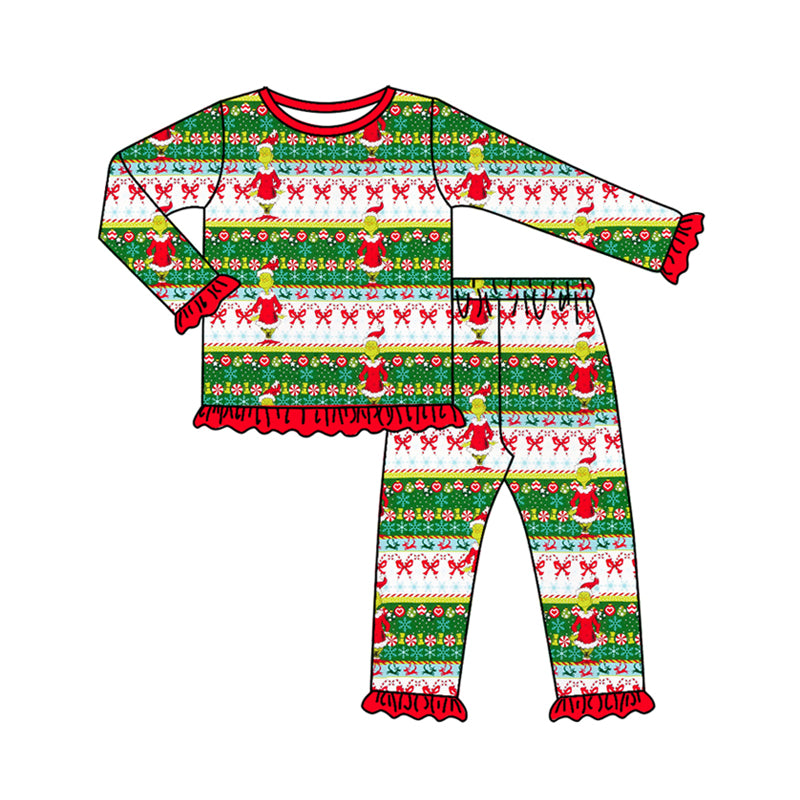 Preorder (moq 5)Baby Girls Long Ruffle Sleeves Cartoon Face Stripes Top Pants Pajamas Set