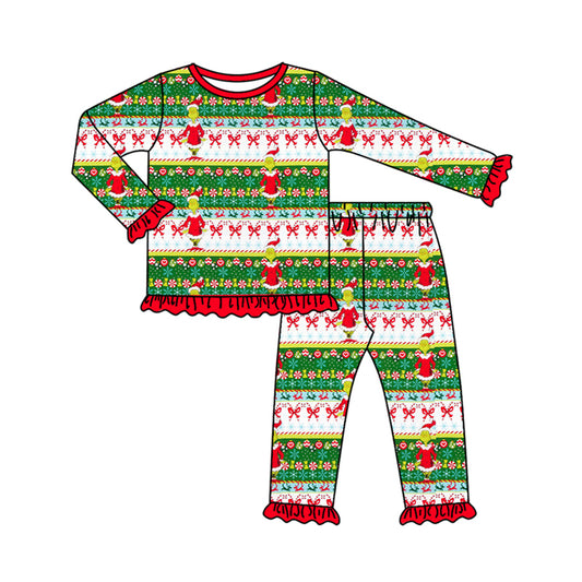 Preorder (moq 5)Baby Girls Long Ruffle Sleeves Cartoon Face Stripes Top Pants Pajamas Set