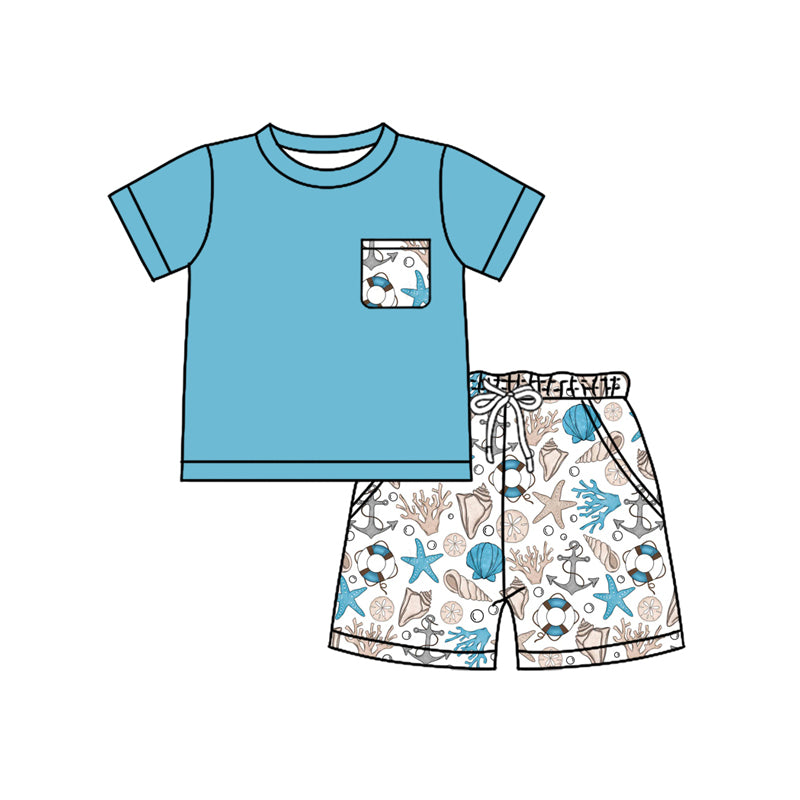 Preorder moq 5 Baby Boys Blue Short Sleeves Pocket Top Sea World Shorts Set
