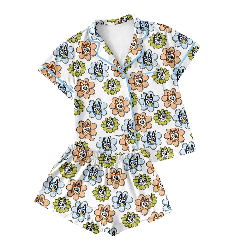 Preorder(moq 5)Adult Women Short Sleeves Button Pocket Cartoon Dogs Flowers Top Short Pajamas Set