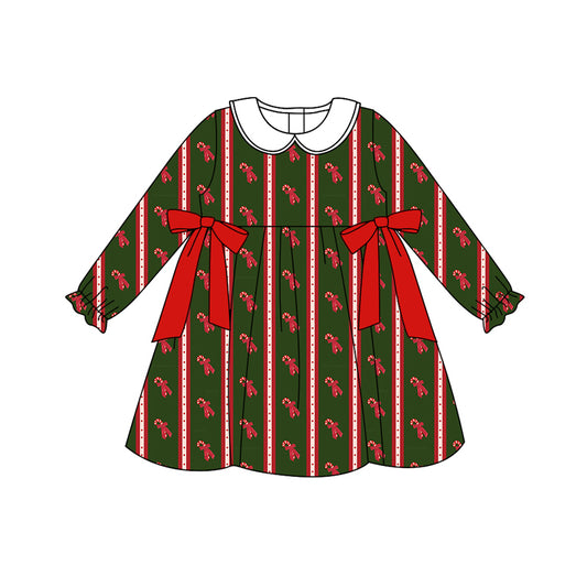 Preorder (moq 5)Baby Girls Bows Candy Cane Stripes Christmas Knee Length Dresses