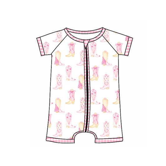 Preorder (moq 5)Baby Girls Pink Short Sleeves Boots Zipper Rompers