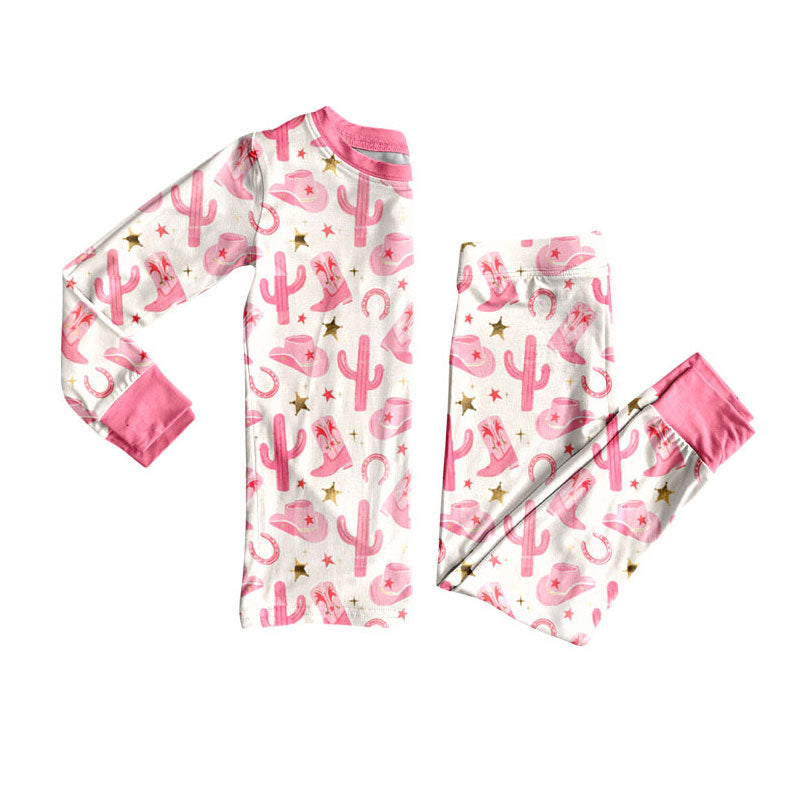 Preorder(moq 8)Baby Girls Pink Hats Boots Cactus Top Pants Western Pajamas Sets