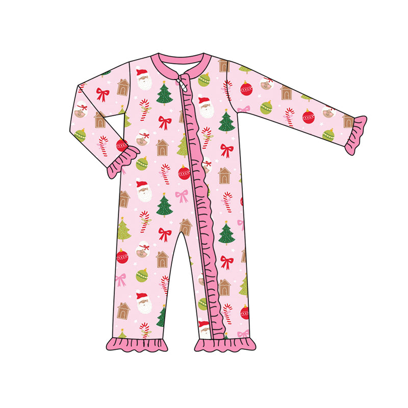 Preorder (moq 5)Baby Girls Long Sleeves Santa Houses Gingerbread Ruffle Zipper Romper