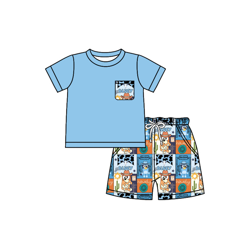 Preorder moq 5 Baby Boys Blue Short Sleeves Pocket Top Cartoon Dogs Cactus Short Set