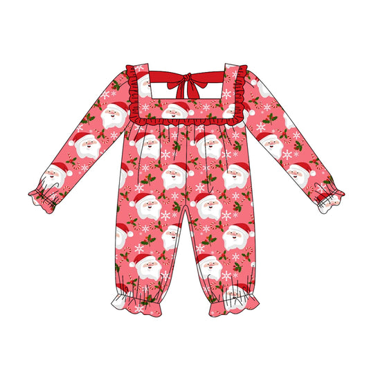 Preorder (moq 5)Baby Girls Red Long Ruffle Sleeves Santa Snowflake Rompers