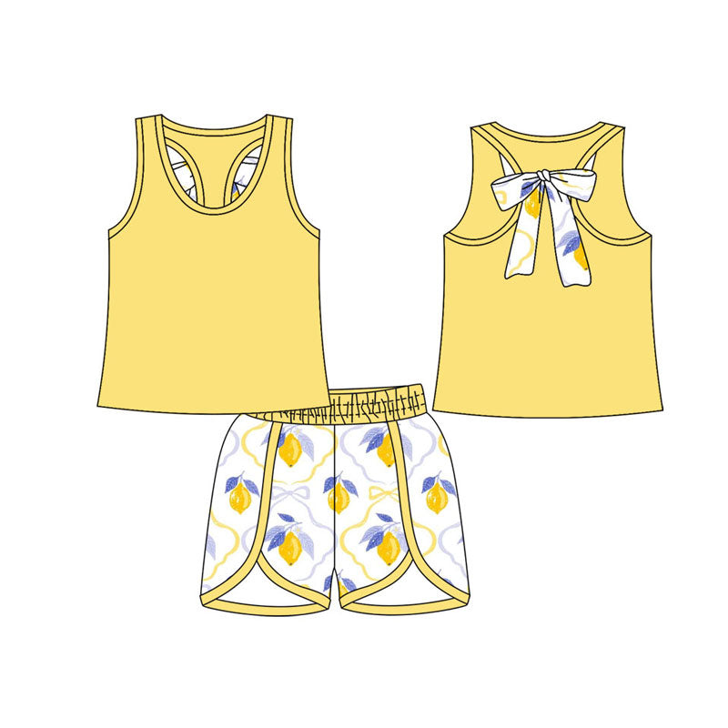 Preorder(moq 5) Baby Girls Yellow Sleeveless Back Bow Top Lemons Checked Shorts Clothes Sets