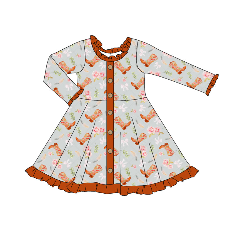 Preorder (moq 5)Baby Girls Long Sleeves Flowers Boots Button Ruffle Knee Length Dresses