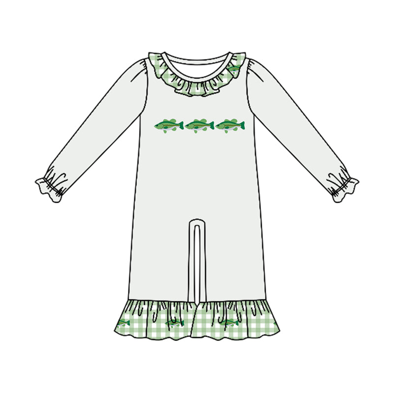 Preorder (moq 5)Baby Girls Long Sleeve Fishes Hunting Ruffle Pant Rompers