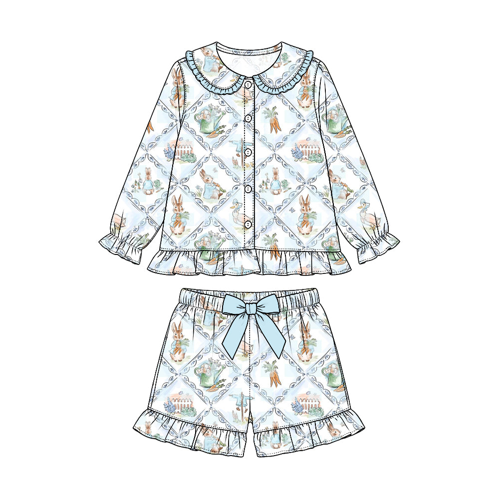Preorder (moq 5) Baby Girl Clothes Garden Bunny Carrot Diamond Mixed Print Long Sleeve Button Shorts Pajama Set