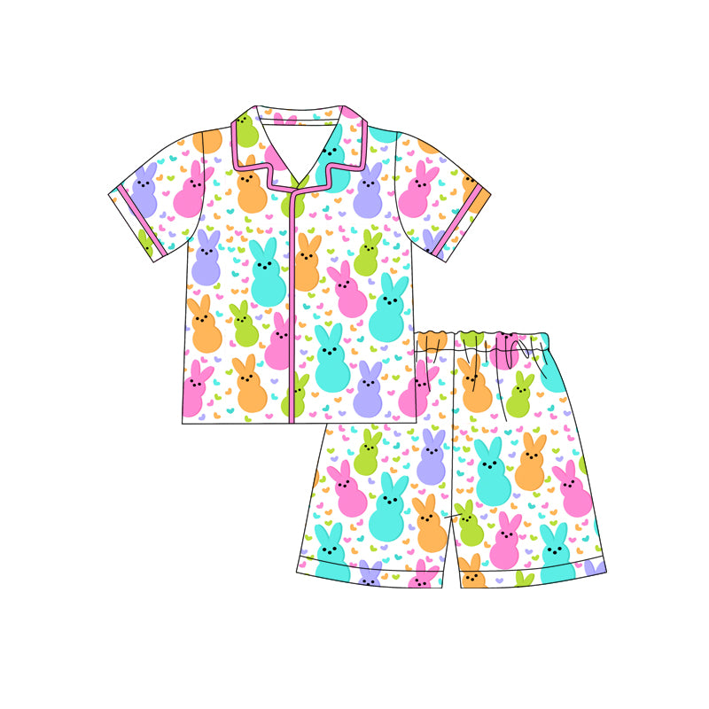 Preorder (moq 5)Baby Girls Colorful Rabbits Hearts Button Top Shorts Easter Pajamas Sets