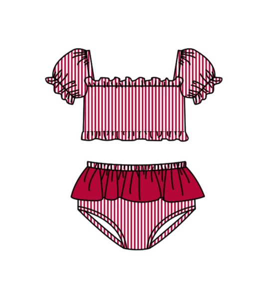Preorder moq 5 Baby Girls Red Stripe Vest Top Bummies Short Team Swimsuits