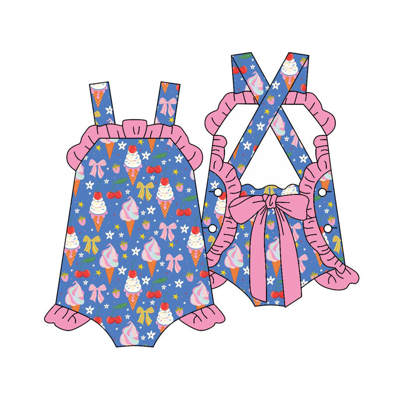 Preorder (moq 5)Baby Girls Strap Ice Cream Flowers Back Bows Ruffle Rompers