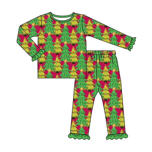 Preorder (moq 5)Baby Girls Trees Plaid Top Ruffle Pant Christmas Clothes Set