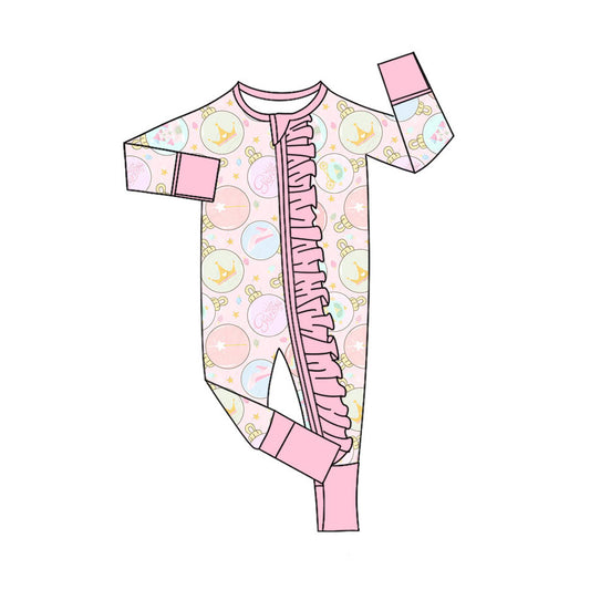 Preorder (moq 5)Baby Girls Cartoon Horses Lights Two Way Ruffle Zip Convertible Rompers